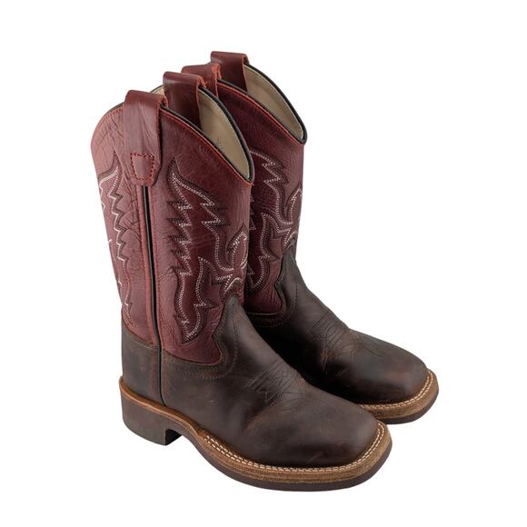 Old West Broad Square Toe Cowboy Boots Youth 11 Leather Red Brown BSC1889